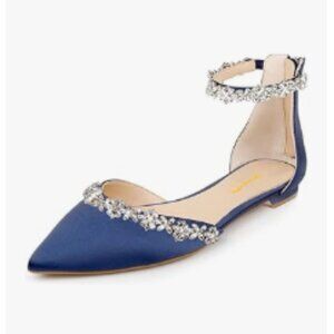 XYD Slate Blue Pointed Toe D'Orsay Wedding Sandals Rhinestones Ankle Strap Shoes
